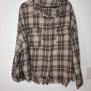 Plaid Button Down Shirt with Fringed Hem